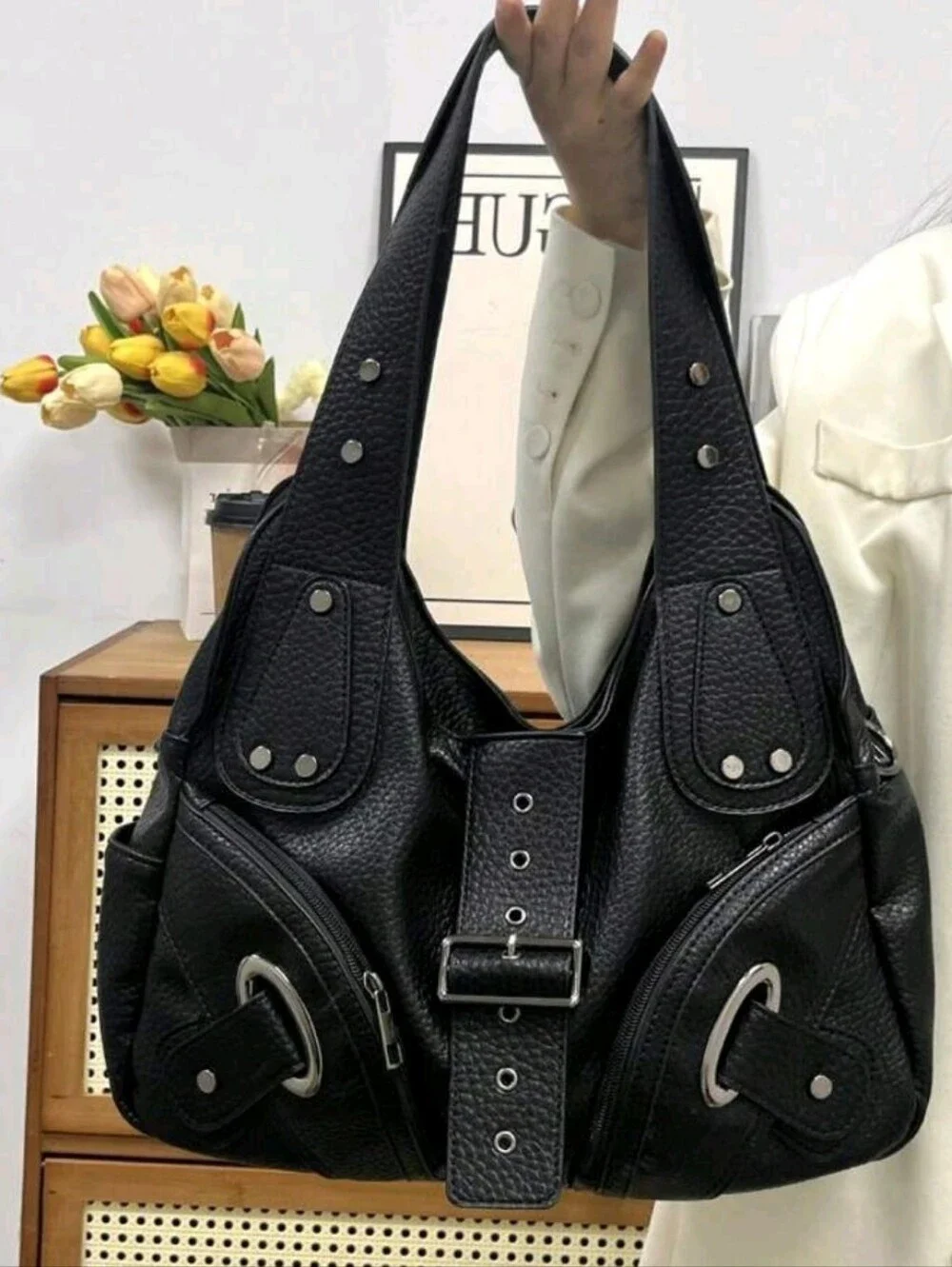 Black Textured Leather Shoulder Bag